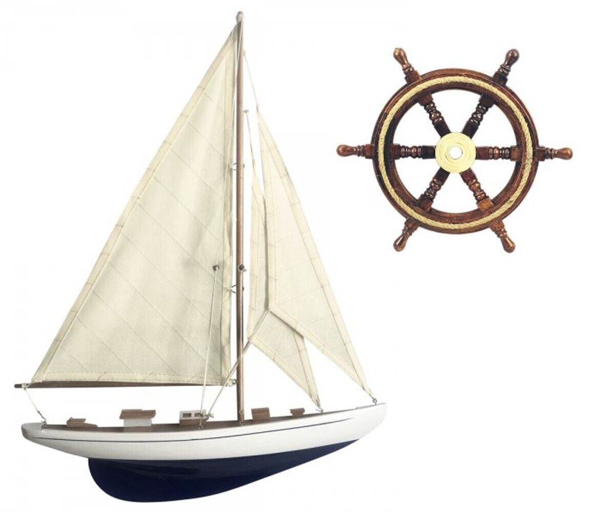 30 cm Steuerrad mit Taueinlage + Rumpf Halbmodell - Schiffsmodell Segelyacht