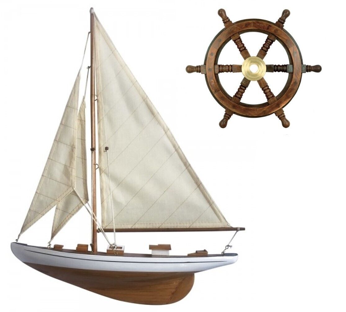Wandmontage Rumpf Halbmodell und Steuerrad 45 cm- Schiffsmodell Segelyacht