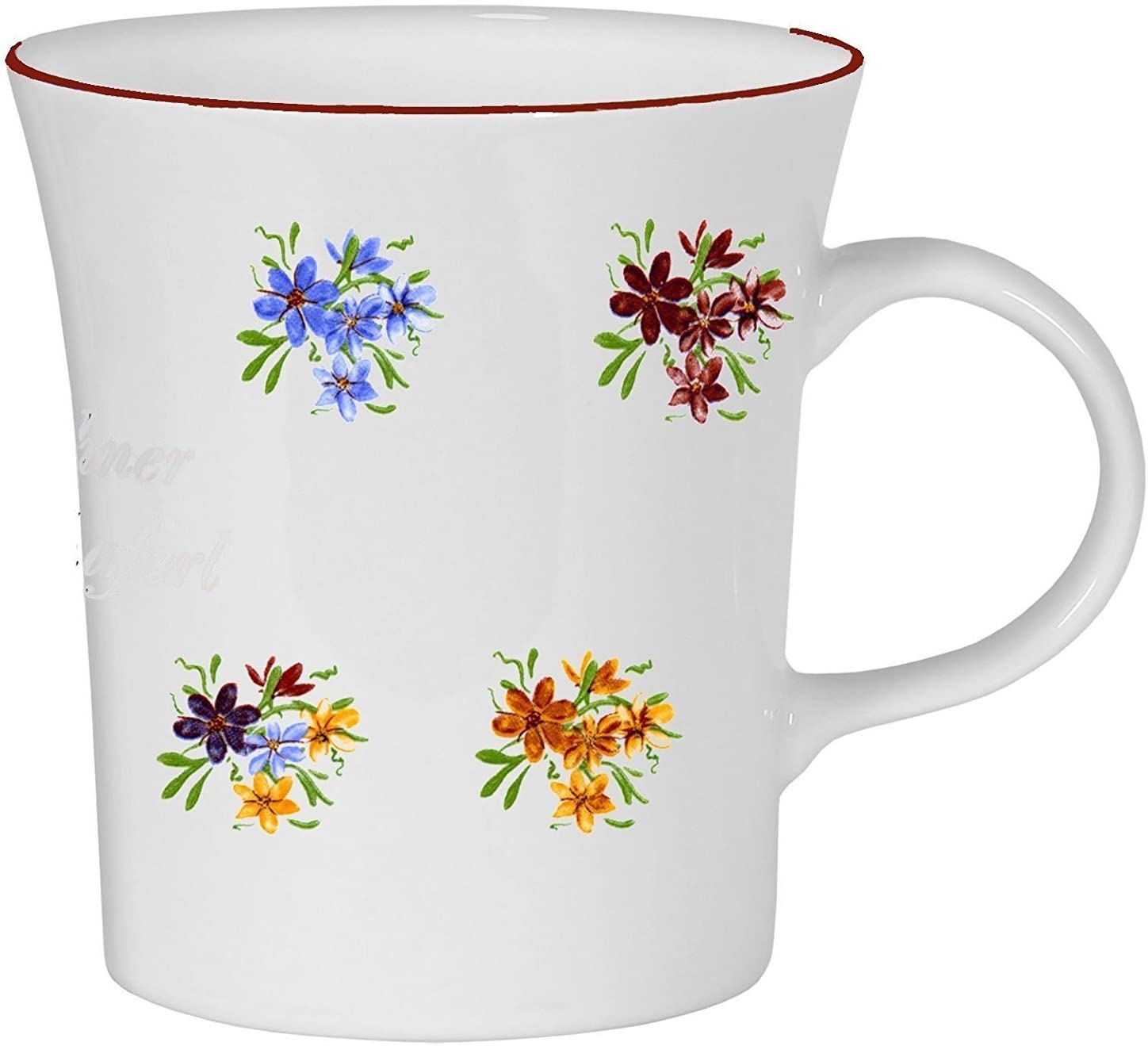 Porzellan konisch- Tasse, Kaffeepott, Becher mit Farbrand- Motiv 4 Blumen