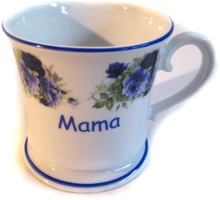 Porzellan- Tasse, Kaffeepott, Becher- Mama's Pott+ Blumenmotiv blau -deutsches Produktdesign