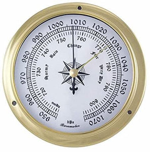 Kleines, leichtes Barometer in Bullaugenform aus Messing- Durchmesser 11,5 cm