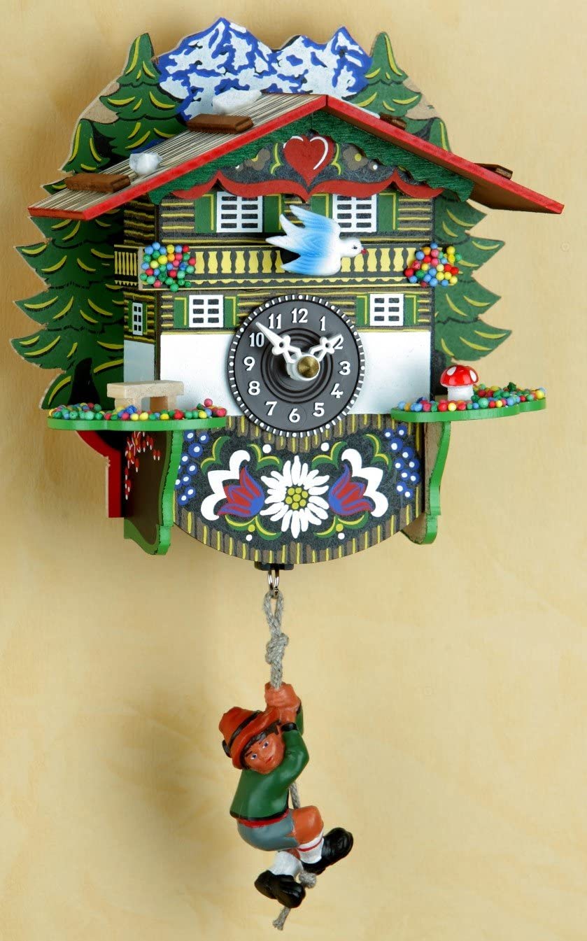 Original Schwarzwald- Miniatur Pendeluhr mit Bergsteiger- beweglicher Vogel-Germany Black Forest- Trenkle Uhr
