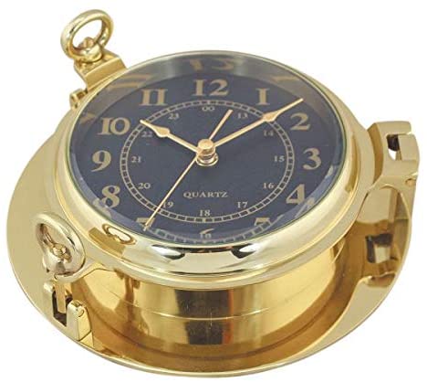Uhr in Bullaugenform- Messing, Durchmesser 22,5 cm- Zifferblatt schwarz