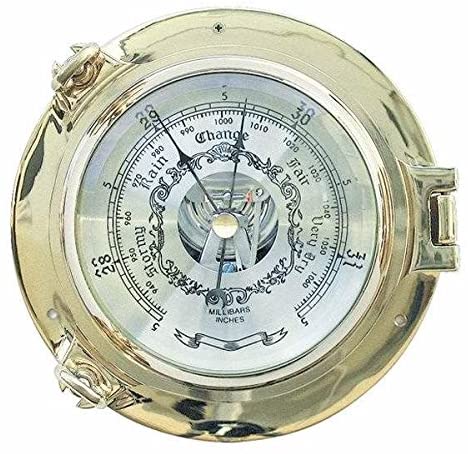 Edles Barometer in Bullaugenform aus massiv Messing- Durchmesser 18 cm