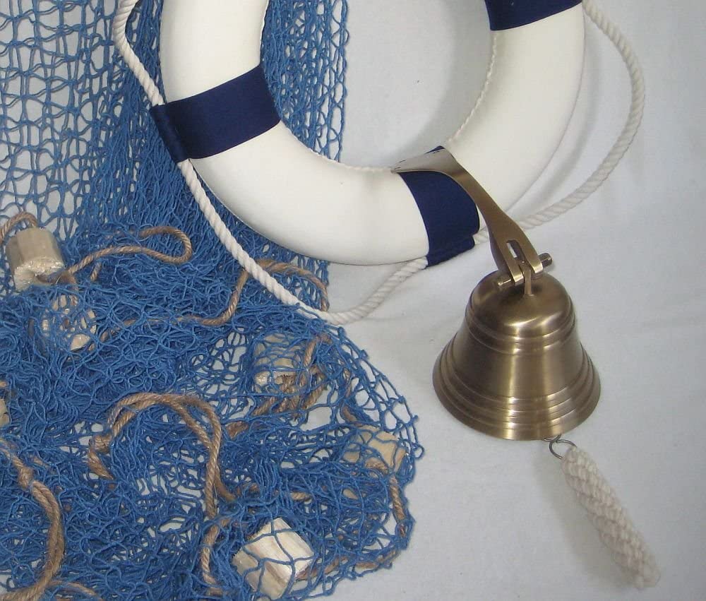 Piratenset- Fischernetz mit Schwimmern blau 2,5X 2,5 m, Schiffsglocke, Rettungsring blau/weiß 30 cm- Maritime Deko