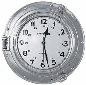 Uhr in Bullaugenform- Messing, vernickelt- - Durchmesser 28,5 cm