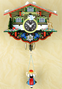 Original Schwarzwald- Miniatur Schaukeluhr mit Puppe- 1 Tag- Federzugwerk- beweglicher Vogel-Germany Black Forest- Trenkle Uhr