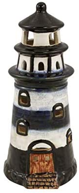 Teelichthalter Leuchtturm aus Keramik 16 cm- blau/weiß