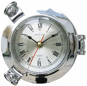 Massive Uhr im Bullaugenform- Messing - verchromt- Durchmesser 14 cm