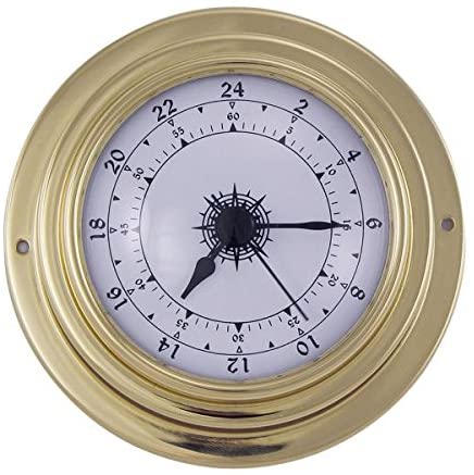 Kleine, leichte Uhr- 2-mal-12-Stunden-Zählung- in Bullaugenform aus Messing- Durchmesser 9,8 cm