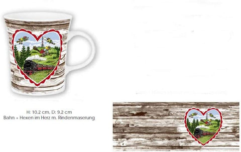 Porzellan- Tasse, Kaffeepott, Becher - Dampflok, Hexen, Harz- Baumrinde
