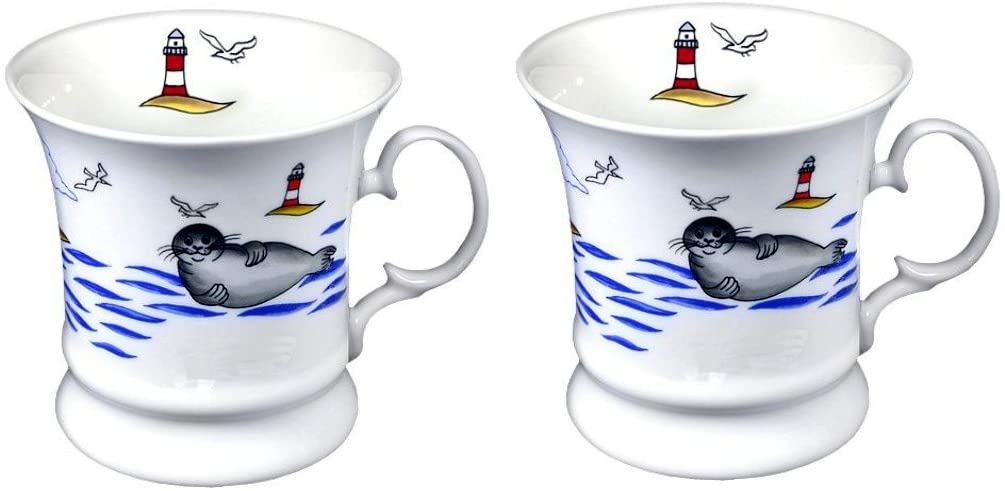 2 Stück- Porzellan- Tasse, Kaffeepott, Becher - Seehund Leuchtturm - maritim -deutsches Produktdesign