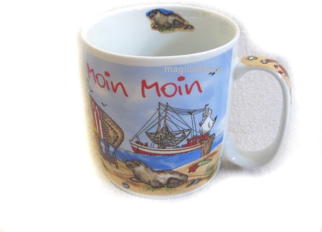 Porzellan- Jumbo Tasse, Kaffeepott, Becher 0,5 L- Moin Moin- Schiff, Strand, Robbe- maritim- deutsches Produktdesign