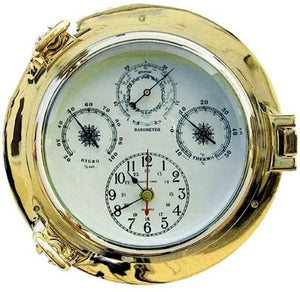Uhr, Thermo- & Hygrometer im Bullaugenform- Messing- - Durchmesser 22 cm