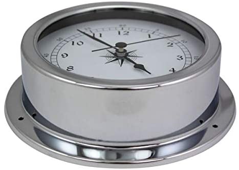 Uhr- in Bullaugenform aus Messing, verchromt- Durchmesser 14,5 cm