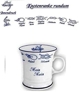 Porzellan- Mini- Tasse, Kaffeepott, Becher- Moin, Moin- Innendruck Ebbe und Flut - Knotenranke- deutsches Produktdesign