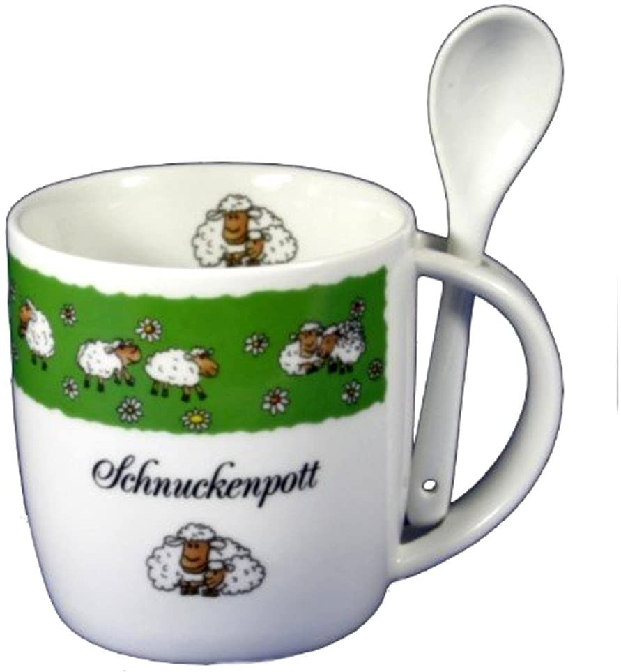 Porzellan- Tasse, Kaffeepott, Becher mit Löffel- Schnuckepott Lüneburg Schafe - maritim -deutsches Produktdesign