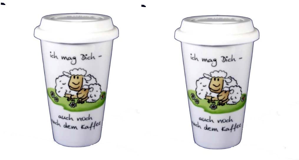 2 Stück- Porzellan- Thermo, doppelwandig- Coffee to Go mit Deckel - Schafe- Ich mag Dich- deutsches Produktdesign- der Umwelt zuliebe!