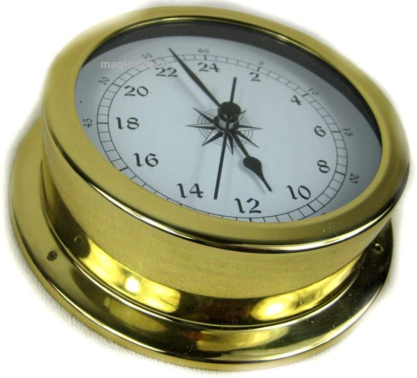 Leichte Uhr-2-mal-12-Stunden-Zählung- in Bullaugenform aus Messing- Durchmesser 14,5 cm