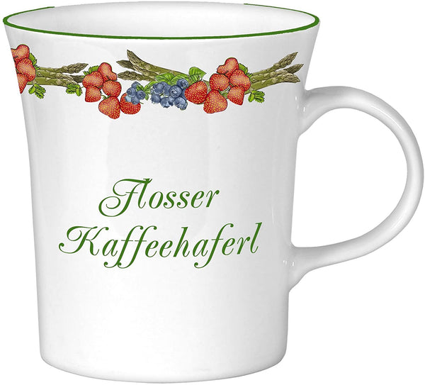 Porzellan- Tasse, Kaffeepott, Haferl - Flosser Haferl- Spargel Erdbeeren - deutsches Produktdesign