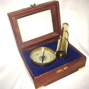 Set- Teleskop und Kompass Inclusive Holzbox mit Glasdeckel