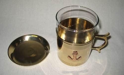 Grog- Glas/Tee- Glas- maritim- Messing, Glas mit Untersetzer- Ankermotiv