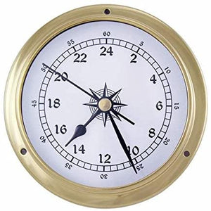 Kleine, leichte Uhr-2-mal-12-Stunden-Zählung- in Bullaugenform aus Messing- Durchmesser 11,5 cm