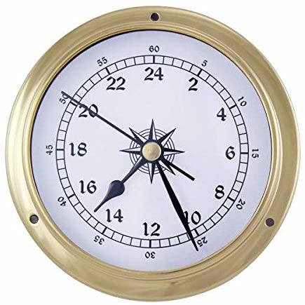 Kleine, leichte Uhr-2-mal-12-Stunden-Zählung- in Bullaugenform aus Messing- Durchmesser 11,5 cm