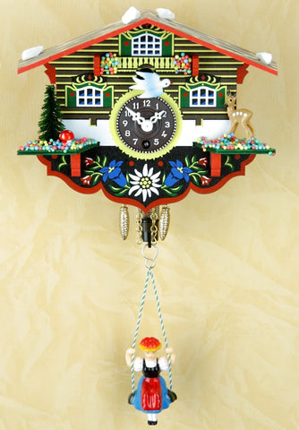 Original Schwarzwald- Miniatur Schaukeluhr mit Puppe und Quarzwerk-  Kuckucksuhr mit Nachtabschaltung, Kuckucksruf- Cuckoo Clock- Trenkle Uhr