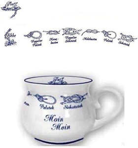 Porzellan- Mini- Tasse, Kugelbecher, Schnapspöttchen, Espresso - Moin, Moin- Innendruck Ebbe und Flut - Knotenranke- deutsches Produktdesign