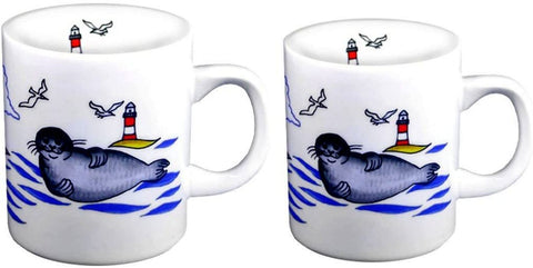2 Stück- Porzellan- Tasse, Kaffeepott, Becher - Seehund Leuchtturm - maritim -deutsches Produktdesign