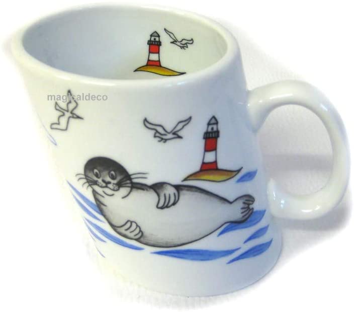 Porzellan- Tasse, Kaffeepott, Becher - Seehund Leuchtturm - maritim -deutsches Produktdesign
