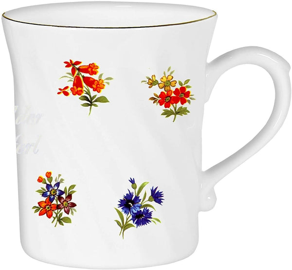 Porzellan gedreht- Tasse, Kaffeepott, Becher mit Goldrand- Motiv Blumen
