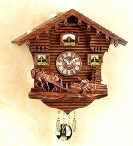 Original Schwarzwald-Pferde und Bauer- Kuckucksuhr mit Nachtabschaltung, Kuckucksruf- Cuckoo Clock- Trenkle Uhr