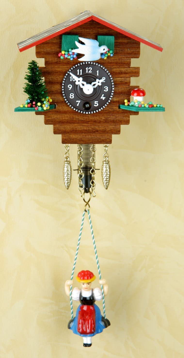 Original Schwarzwald- Miniatur Schaukeluhr mit Puppe- 1 Tag- Federzugwerk-  Kuckucksuhr mit Nachtabschaltung, Kuckucksruf- Cuckoo Clock- Trenkle Uhr