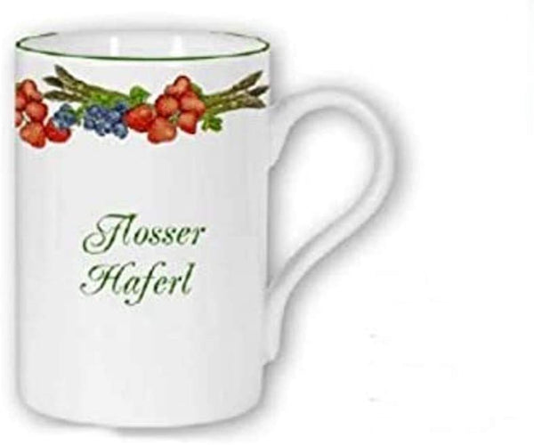 Porzellan- Tasse, Kaffeepott, Becher - Floß- Spargel Erdbeeren - deutsches Produktdesign