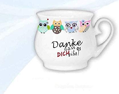 Porzellan- Tasse, Kaffeepott, Kugel-Becher - Danke- Eulen -deutsches Produktdesign
