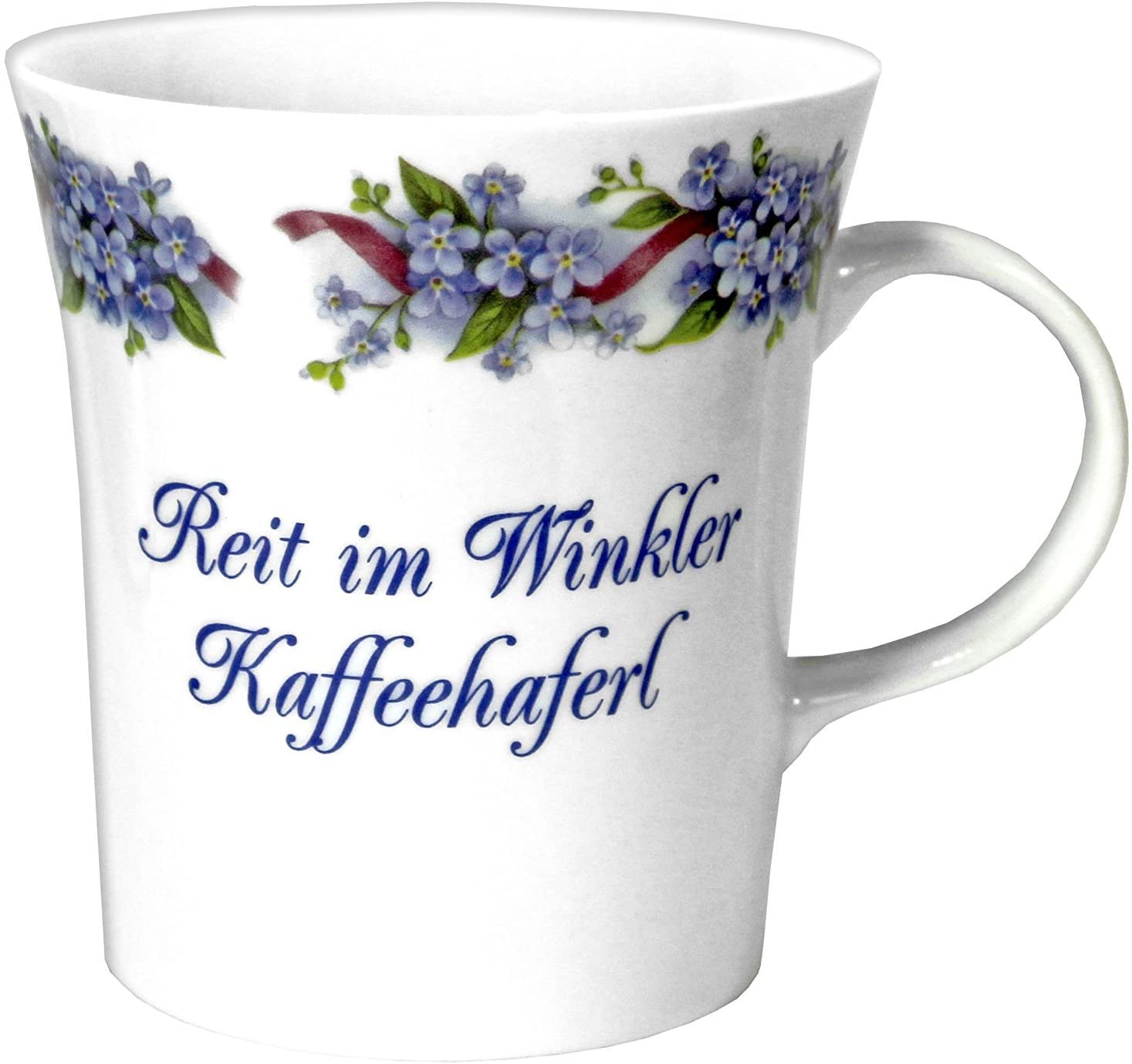 Porzellan- Tasse, Kaffeepott, Becher - REIT im Winkler - Motiv Vergißmeinnicht
