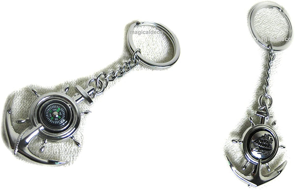 2X Schlüsselanhänger/Ring - Messing, vernickelt - Kompass im Anker