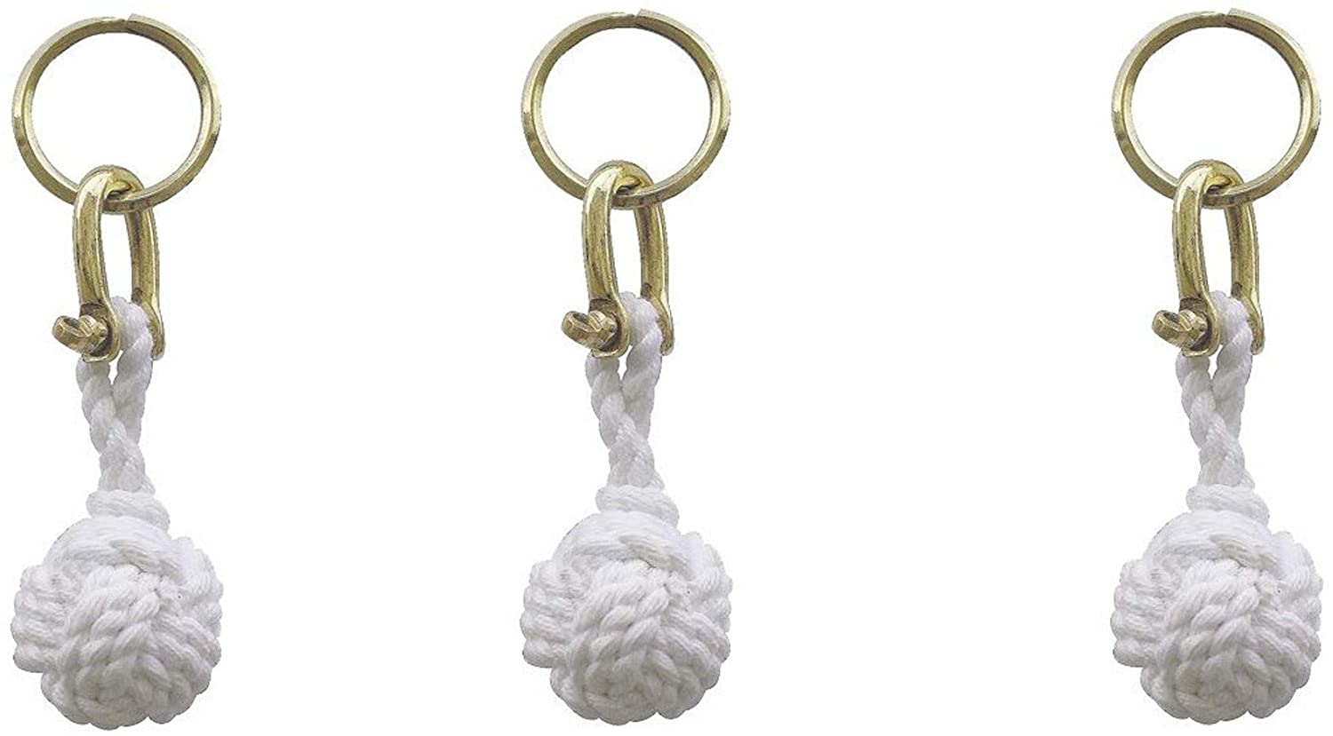 3X Schlüsselanhänger- Zierknoten, Seglerknoten mit Schäkel/Schlüsselring- Baumwolle, Messing, weiß