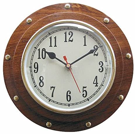 Uhr in Bullaugenform- Holz/Messing/Glas- - Durchmesser 23 cm