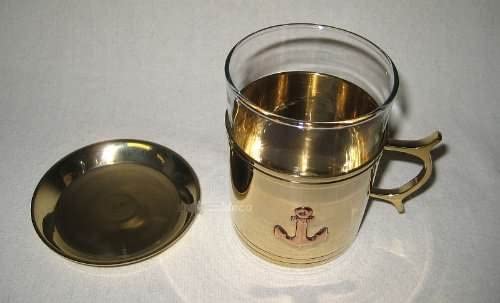 6er Set- Grog- Glas/Tee- Glas- maritim- Messing und Glas mit Untersetzer- Ankermotiv