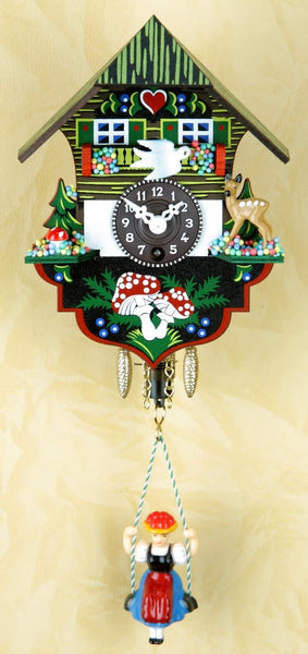 Original Schwarzwald- Miniatur Schaukeluhr mit Puppe - 1 Tag- Federzugwerk- beweglicher Vogel-Germany Black Forest- Trenkle Uhr
