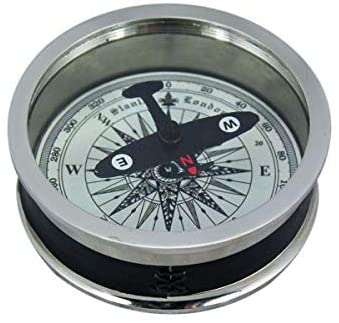 Tischkompass, Kompass, Navigation, vernickelt+ Leder- Flugzeugnadel