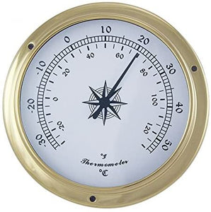Kleines, leichtes Thermometer in Bullaugenform aus Messing- Durchmesser 11,5 cm