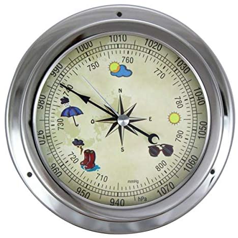 Barometer in Bullaugenform- Zifferblatt Wettermotive- vernickelt- Durchmesser 14,5 cm