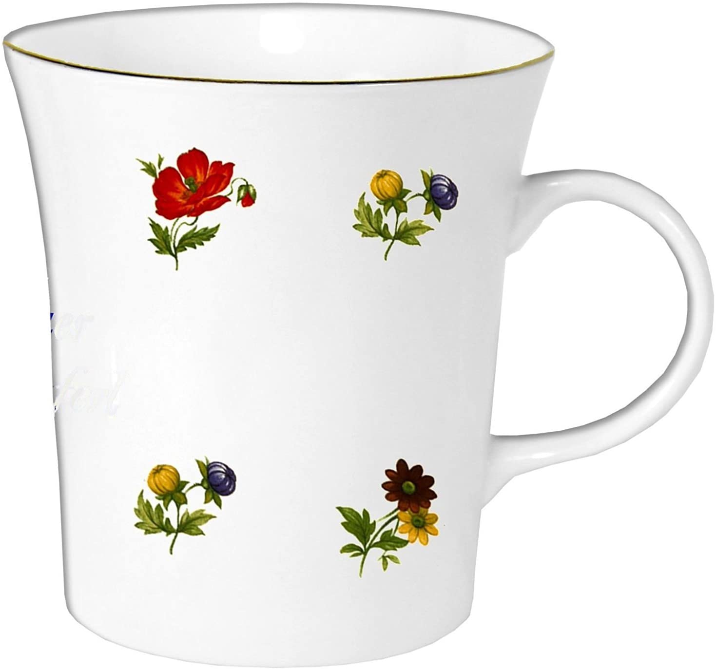 Porzellan konisch- Tasse, Kaffeepott, Becher mit Goldrand- Motiv 2 Blumen