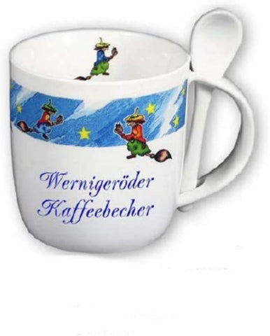 Taza de porcelana, cafetera, taza con cuchara - brujas de resina - Wernigerode 