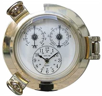Uhr, Thermo- & Hygrometer im Bullaugenform- Messing- - Durchmesser 14 cm