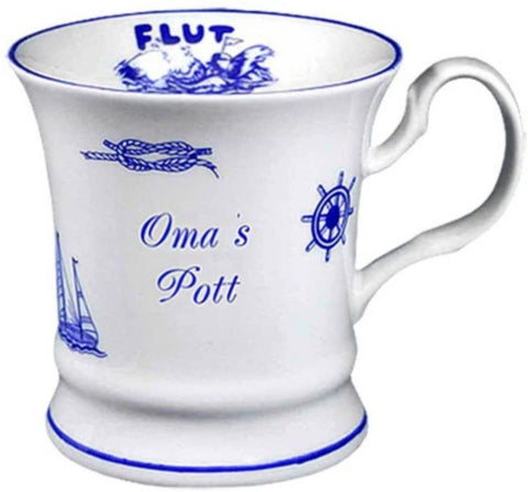 Maritim Porzellan- Tasse, Kaffeepott, Becher- Oma's Pott+ Innendruck Ebbe/Flut -deutsches Produktdesign
